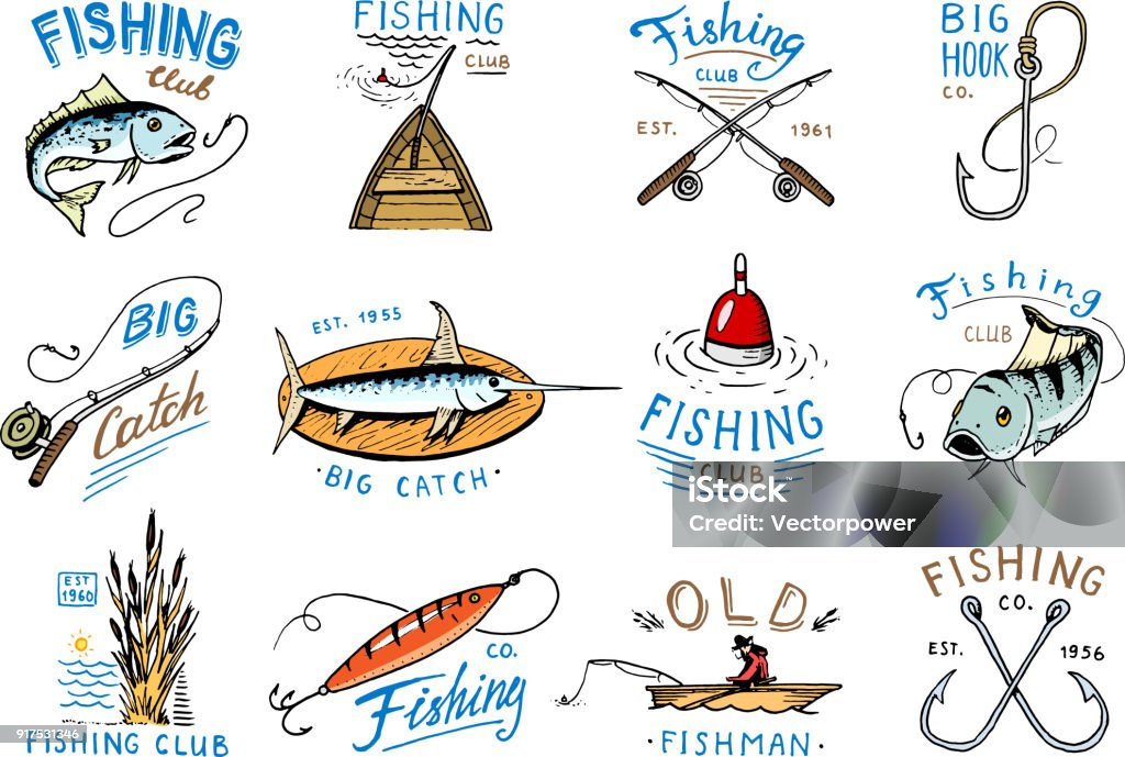 Fishing icon vector fishery icontype with fisherman in boat and emblem with catched fish on fishingrod illustration set for fishingclub isolated on white background Fishing icon vector fishery icontype with fisherman in boat and emblem with catched fish on fishingrod illustration set for fishingclub isolated on white background. Fishing stock vector