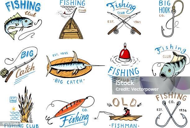 Fishing Icon Vector Fishery Icontype With Fisherman In Boat And Emblem With Catched Fish On Fishingrod Illustration Set For Fishingclub Isolated On White Background Stock Illustration - Download Image Now