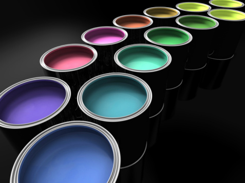 high quality render of paint cans without handles with assorted colored paints. On a non-reflective black surface.
