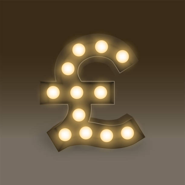 istock Symbol Incandescent light bulb box set Currency GBP (Pound Sterling) sign icon, illustration retro 3D style isolated glow in dark background 917531848