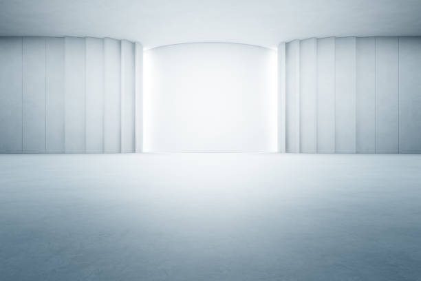 abstrakte interior design der modernen großen showroom mit leeren grauen betonboden und weiße wand hintergrund - halle oder bühne 3d illustration - belton hall stock-fotos und bilder