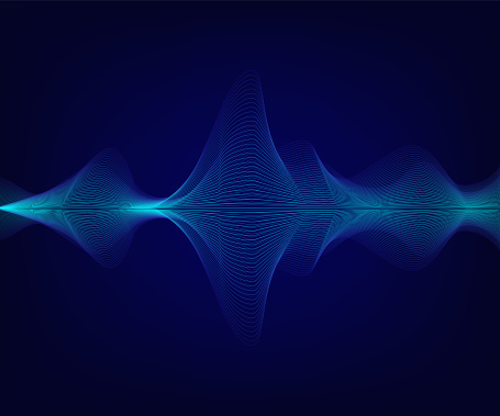Vector blue shiny sound wave on dark blue background. Tecnology illustration.