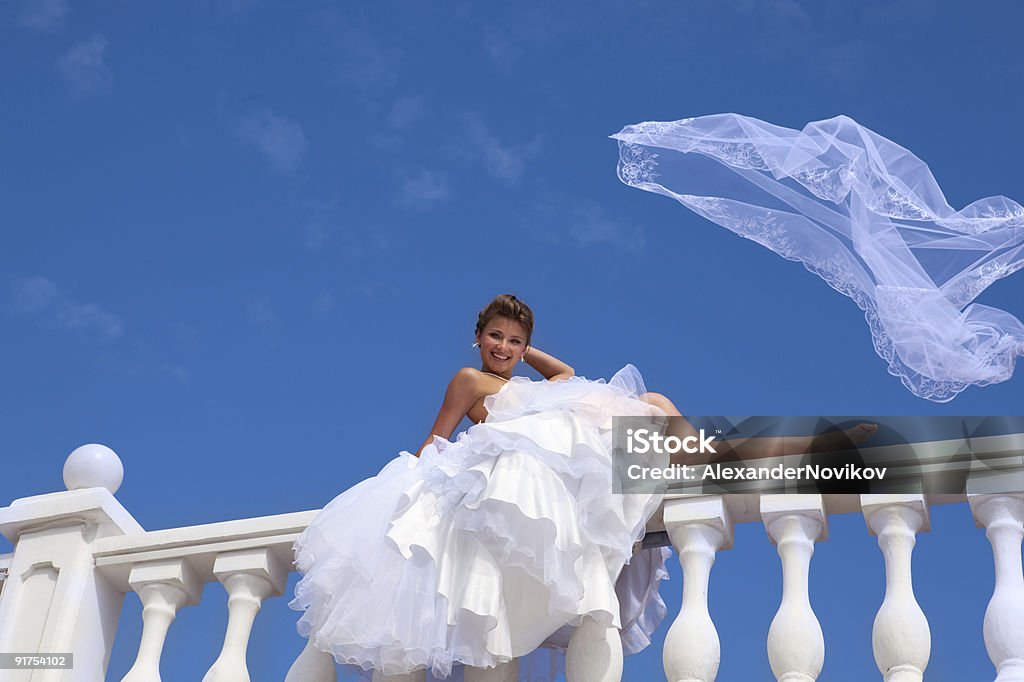 幸せな花嫁にヴェイユは、ブルースカイます。XXXL - ウェディングドレスのロイヤリティフリーストックフォト