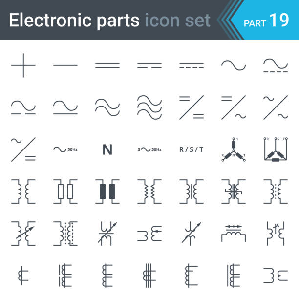 elektrische symbolsatz von aktuellen, drehstrom-verbindungen und elektrische transformatoren - electromagnet stock-grafiken, -clipart, -cartoons und -symbole