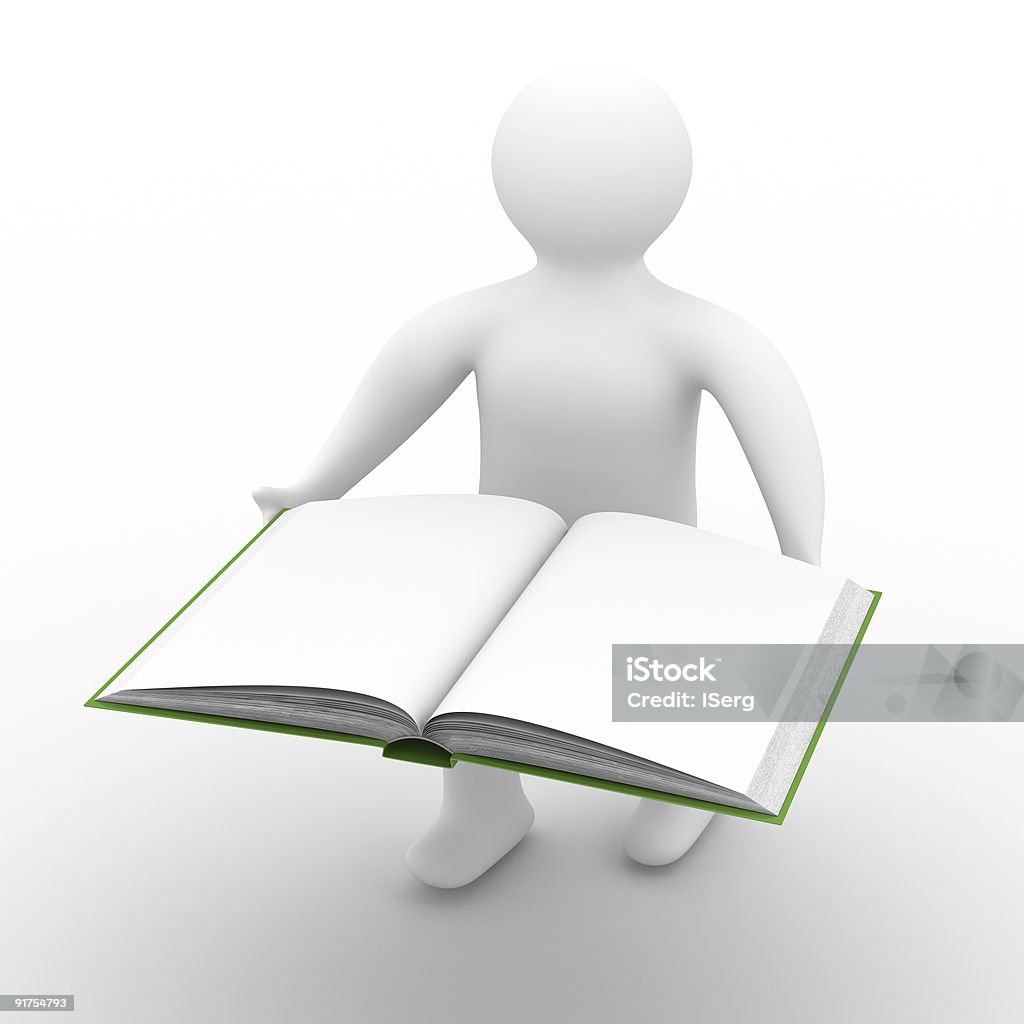 Homme détient un livre ouvert sur fond blanc. Isolé 3D image - Photo de Adulte libre de droits