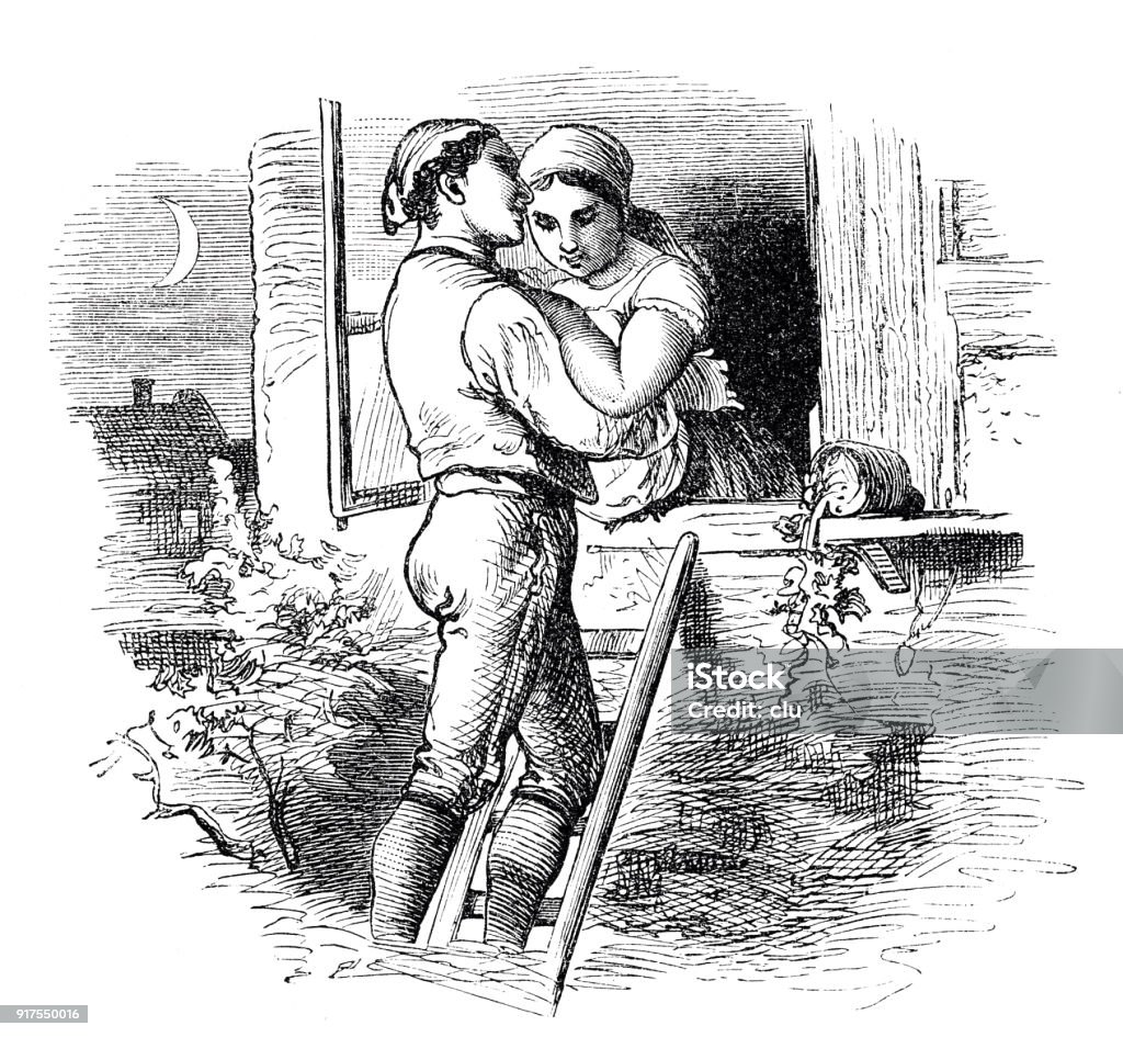 At midnight: Man visits his beloved with a ladder Illustration from 19th century Engraved Image stock illustration