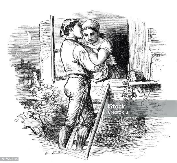 At Midnight Man Visits His Beloved With A Ladder Stock Illustration - Download Image Now - Engraved Image, Engraving, Kissing