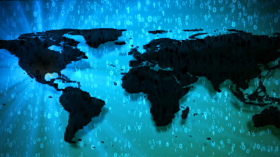 Blue 0 Map World Map On Blue Digits 0 And 1 Binary Code Dark Continents With ...