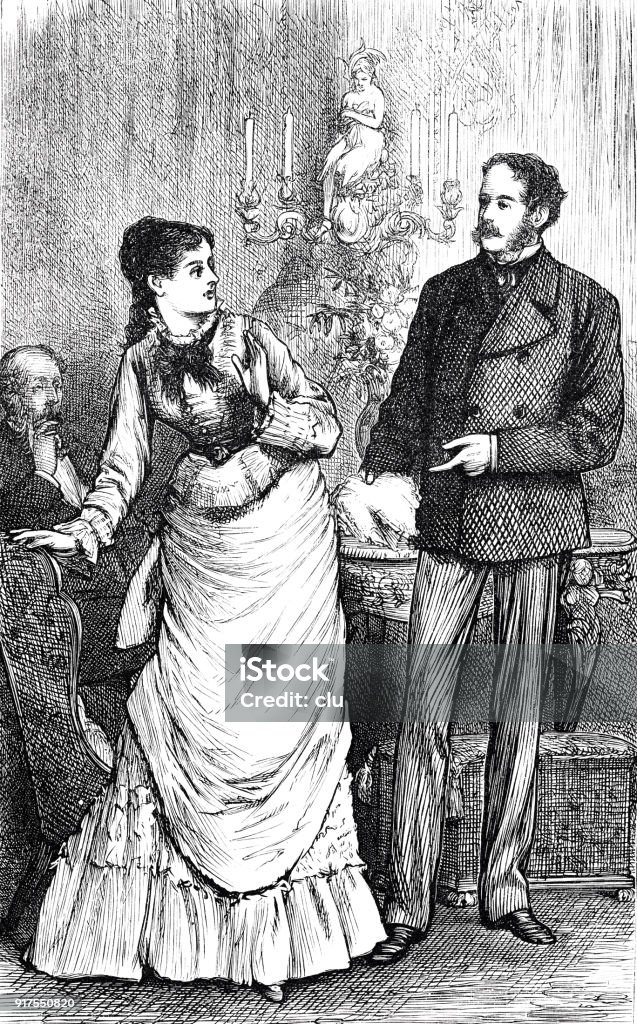 Couple talking at a round table in living room Illustration from 19th century 1877 stock illustration