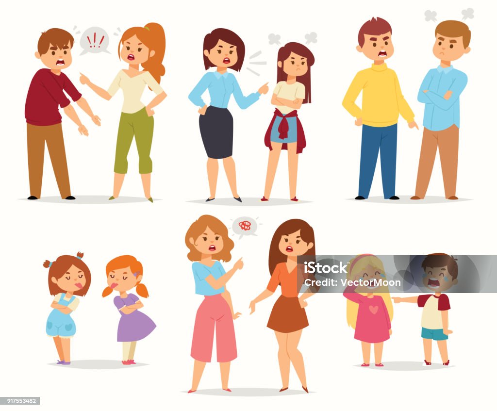 Quarrel conflict stress couples character vector people with arguing quarrel screaming people in different situations in flat style and illustration - Royalty-free Criança arte vetorial