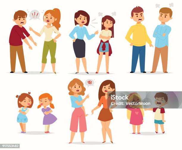 Quarrel Conflict Stress Couples Character Vector People With Arguing Quarrel Screaming People In Different Situations In Flat Style And Illustration - Arte vetorial de stock e mais imagens de Criança