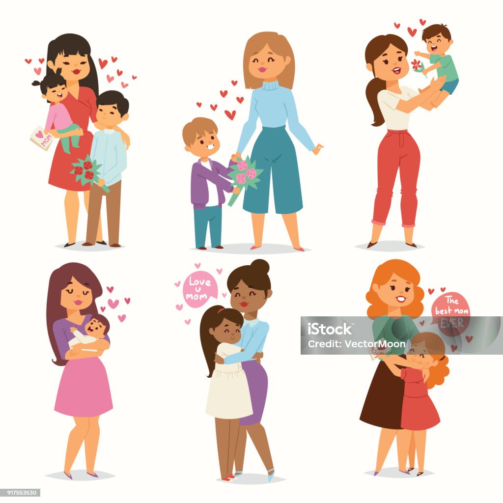 Mère et enfants kids avec bouquet de fleurs amour coeur couples. Mères, Saint Valentin ou Womans 8 jour de mars. Printemps ou été personnage féminin belle célébration de la fête des mères présente de vacances famille - clipart vectoriel de Mère libre de droits