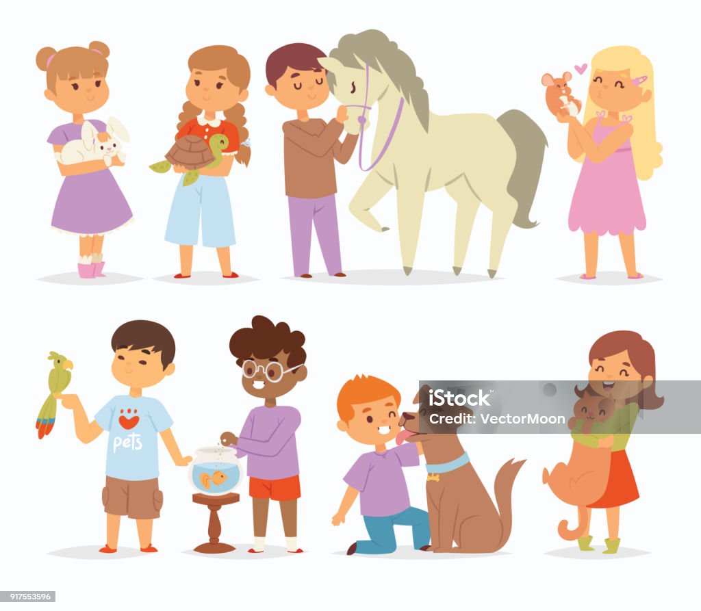 Toddler Cartoon Vector Kids Characters Petting Little Pet In And ...