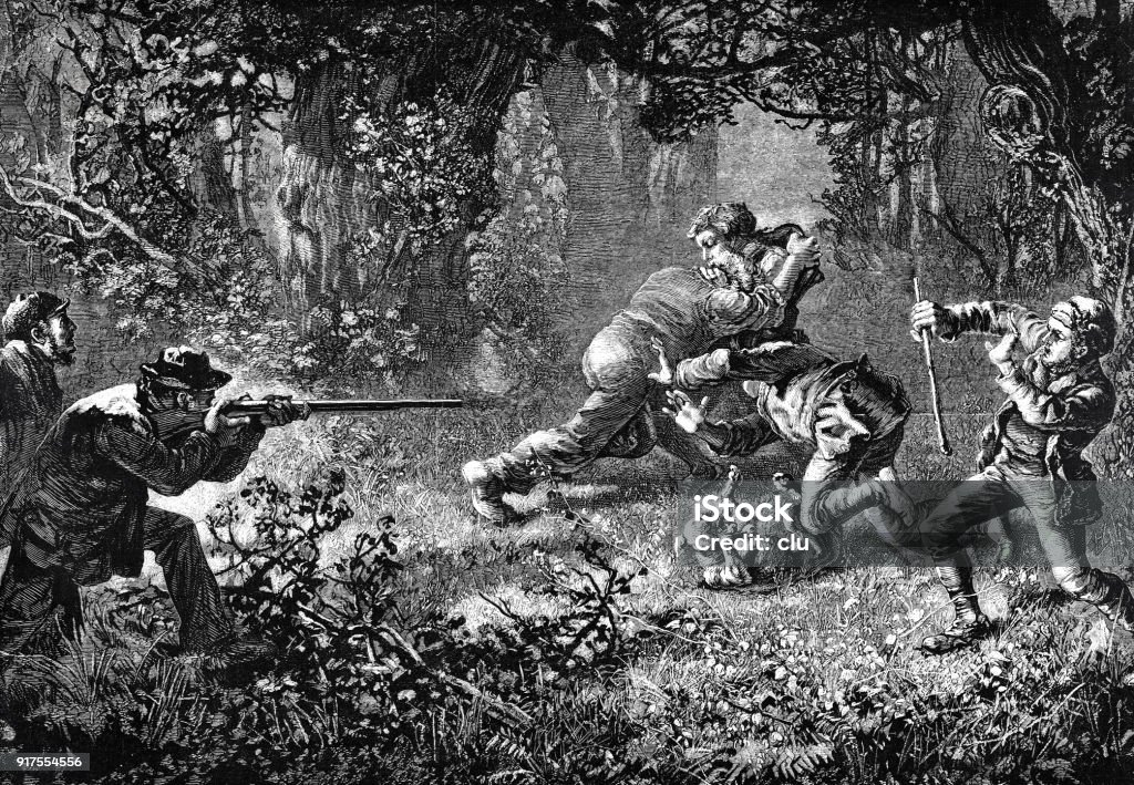 Hunter shoots at poachers Illustration from 19th century 1877 stock illustration