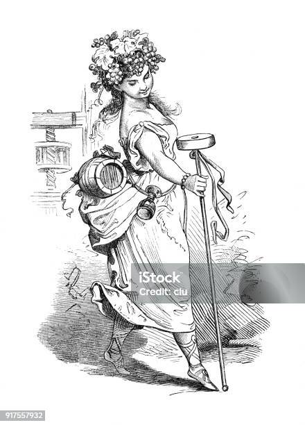 October Young Woman With A Grapes Hat And A Wine Barrel Stock Illustration - Download Image Now