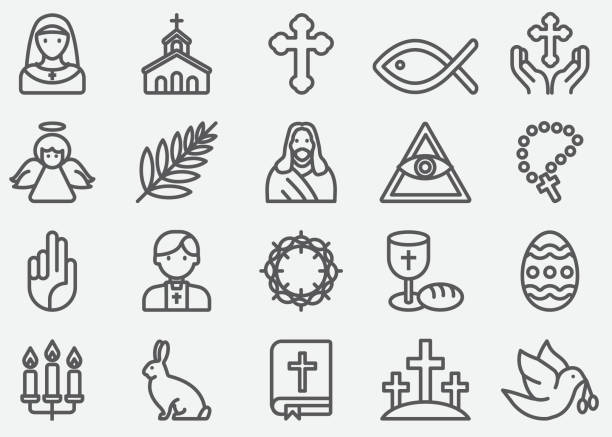 ilustraciones, imágenes clip art, dibujos animados e iconos de stock de iconos de línea de cristianismo - eucaristia