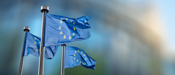 istock Symbol bitcoin on the blue flag. 917562216