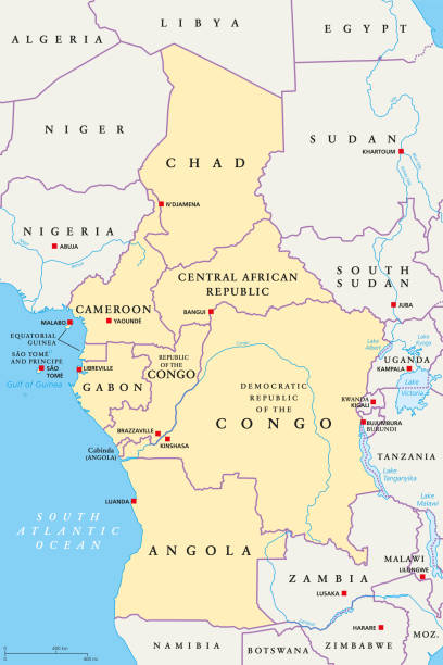 region afryki środkowej, mapa polityczna - zaire emery stock illustrations