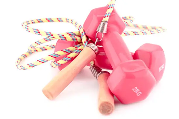 Photo of Two plastic coated dumbells and skipping rope