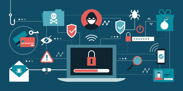 Cyber security and hackers Cyber security, antivirus, hackers and malware concepts with secure laptop at center privacy illustrations stock illustrations