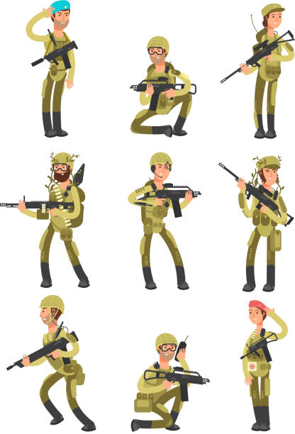 cartoon-soldaten an verschiedenen aktionen. militärische männer mit waffen. menschen in armee-vektor-set - violence war gun camouflage stock-grafiken, -clipart, -cartoons und -symbole