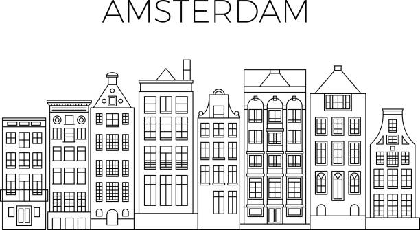 ilustrações de stock, clip art, desenhos animados e ícones de amsterdam houses city panorama. dutch street buildings vector skyline - amsterdam
