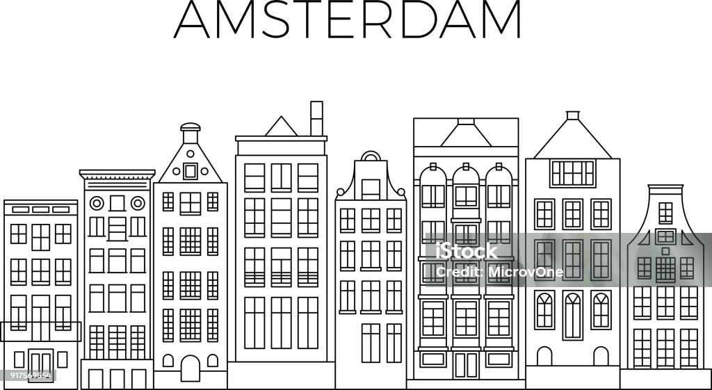 Amsterdam houses city panorama. Dutch street buildings vector skyline Amsterdam houses city panorama. Dutch street buildings vector skyline. Skyline street city architecture line style illustration Amsterdam stock vector