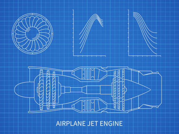 ilustraciones, imágenes clip art, dibujos animados e iconos de stock de motor de jet del avión con diseño de planos de vector de turbina - hélice pieza de máquina