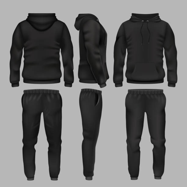 schwarzer mann sportbekleidung hoodie und hosen vektor-mock-up isoliert - trainingsanzug stock-grafiken, -clipart, -cartoons und -symbole