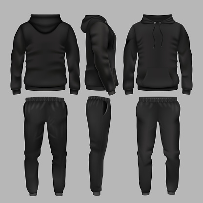 Black man sportswear hoodie and trousers vector mockup isolated. Sportswear with hoodie, male fashion clothes trousers and sweatpants illustration