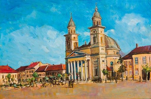 Painting of sightseeing tourists near the church with gothic dome from Satu Mare.