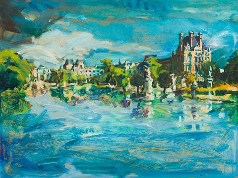Valuable canvas panorama painting of tourist attraction French castle and lake from Paris.