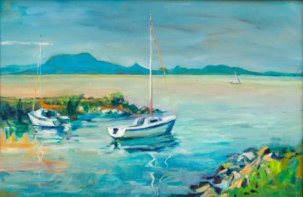 Outdoor painting of  ship and boat arriving from Badacsony in Balaton lake.