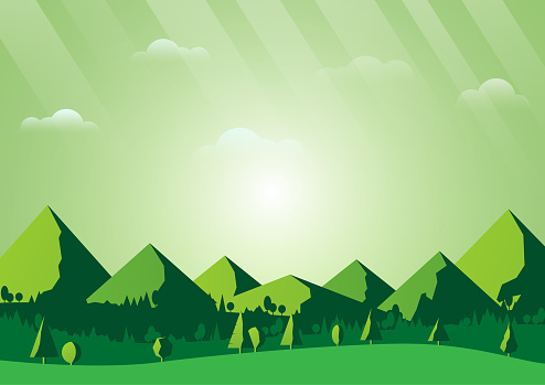 Green nature foest and mountains landscape scene background.Ecology and environment conservation creative idea concept design.Vector illustration.