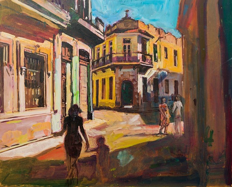 Painting representing sightseeing tourists walking in cuba, latin america, having urban vacation.