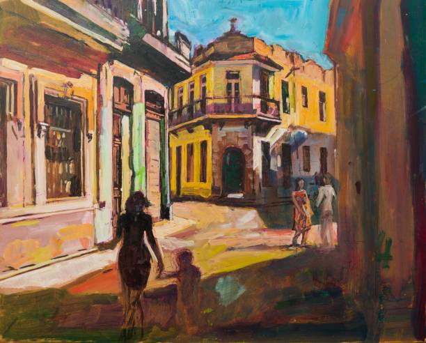 Painting of Cuba Havana Painting representing sightseeing tourists walking in cuba, latin america, having urban vacation. havana photos stock pictures, royalty-free photos & images