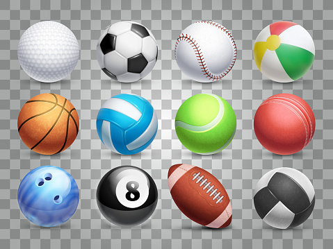 Realistic sports balls vector big set isolated on transparent background. Illustration of soccer and baseball, football game and tennis