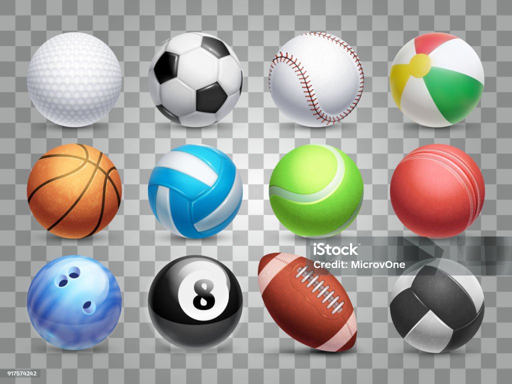 Realistic sports balls vector big set isolated on transparent background Realistic sports balls vector big set isolated on transparent background. Illustration of soccer and baseball, football game and tennis Sports Ball stock vector