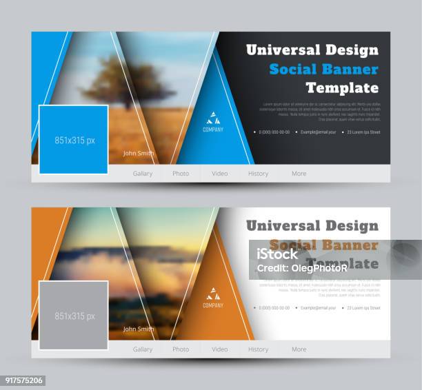 Modern Design Vector Black And White Banners For Social Networks With Triangles And A Place For Photo And Text Stock Illustration - Download Image Now