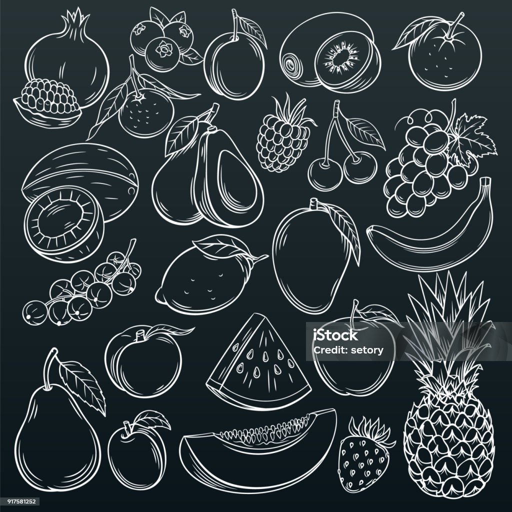 fruits and berries icons Set hand drawn fruits and berries icons set. Collection farm product in decorative retro sketch style for restaurant menu, market label. Mango, blueberry, pineapple, mandarin and etc. Fruit stock vector