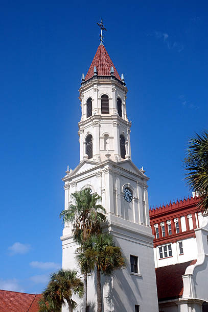 kościół tower w st augustine - saint augustine cathedral church palm tree tree zdjęcia i obrazy z banku zdjęć