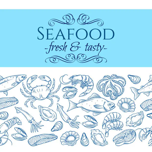 Vector illustration of seamless border with seafood