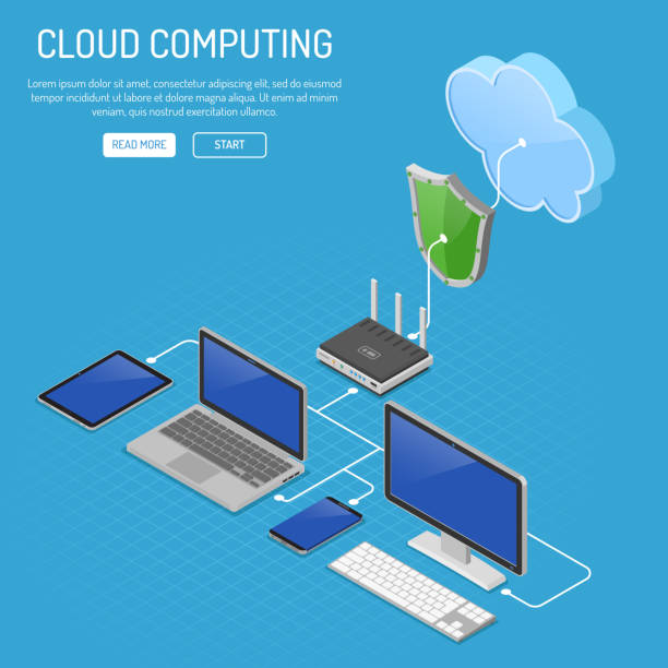 ilustrações, clipart, desenhos animados e ícones de isométrico de tecnologia de computação em nuvem - computer isometric network server computer icon