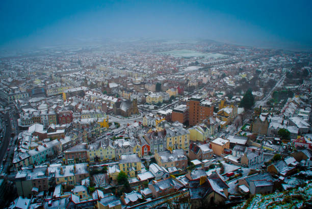 An aerial view of snowy town stock photo