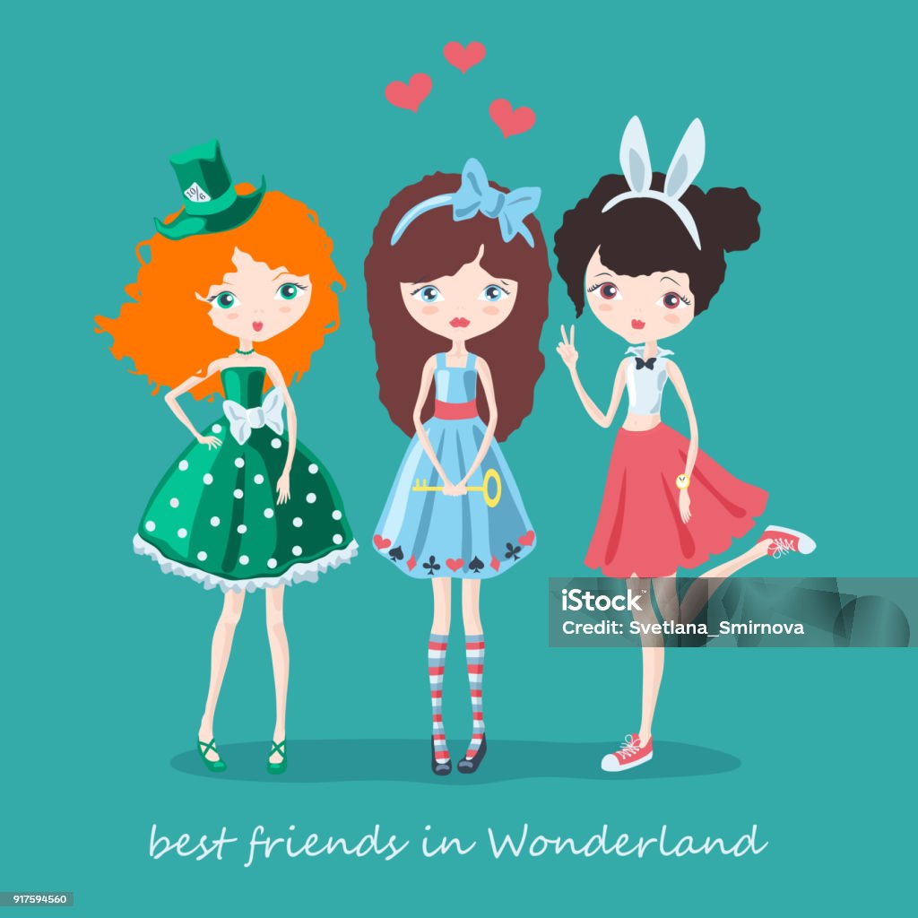 Three girls in Wonderland Three friends in Wonderland. Girl in costume of Alice wonderland, girl in costume of mad Hatter and girl in  costume of white rabbit Alice in Wonderland - Fictional Character stock vector