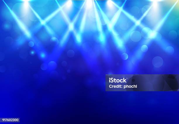 Spotlights Lighting Disco Party Stage With Blured Bokeh On Blue Dark Background Stock Illustration - Download Image Now