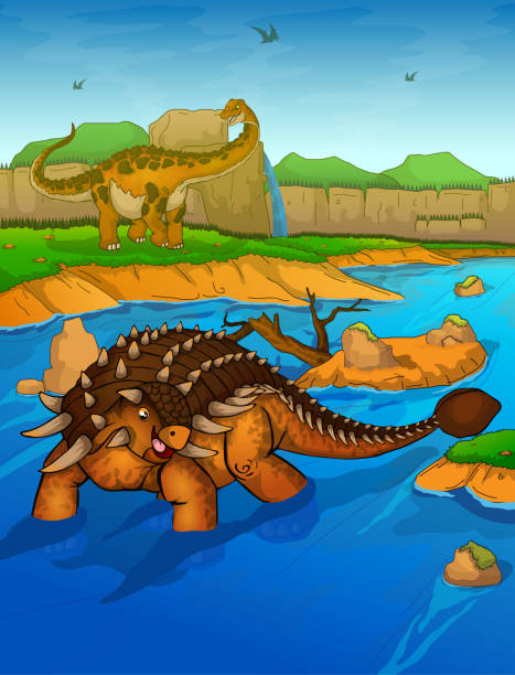 ilustrações de stock, clip art, desenhos animados e ícones de ankylosaurus on the river background - anquilossauro