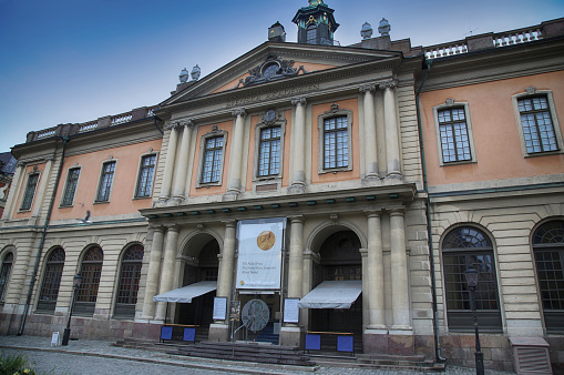 Stockholm, Sweden - August 20, 2016: The Swedish Academy and Nobel Museum located on Stortorget square, Gamla Stan in Stockholm, Sweden