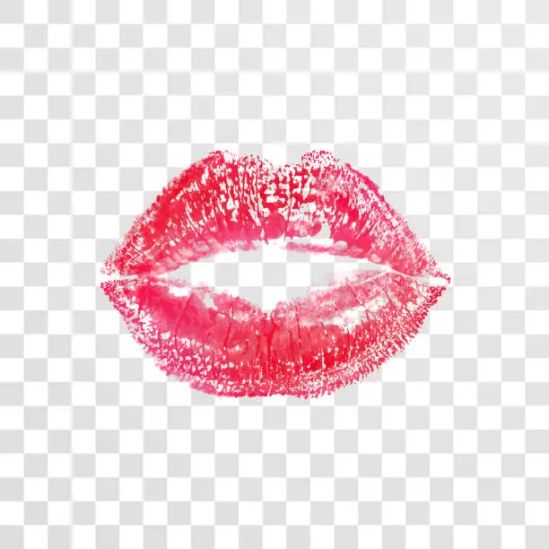 Vector illustration of Red kiss lips lipstick print or imprint vector isolated element on transparent background for fashion cosmetics, wedding or Valentine day and birthday design template