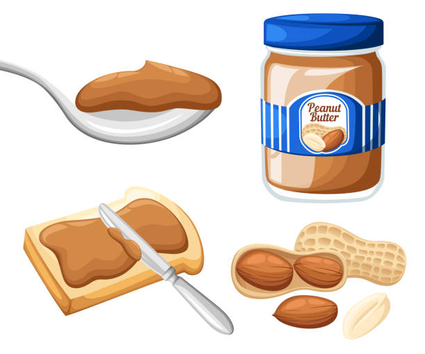 땅콩 버터의 항아리의 그림, 빵과 버터 고립 흰색 배경 디자인 서식 파일 eps10에. - butter fat dairy product isolated stock illustrations